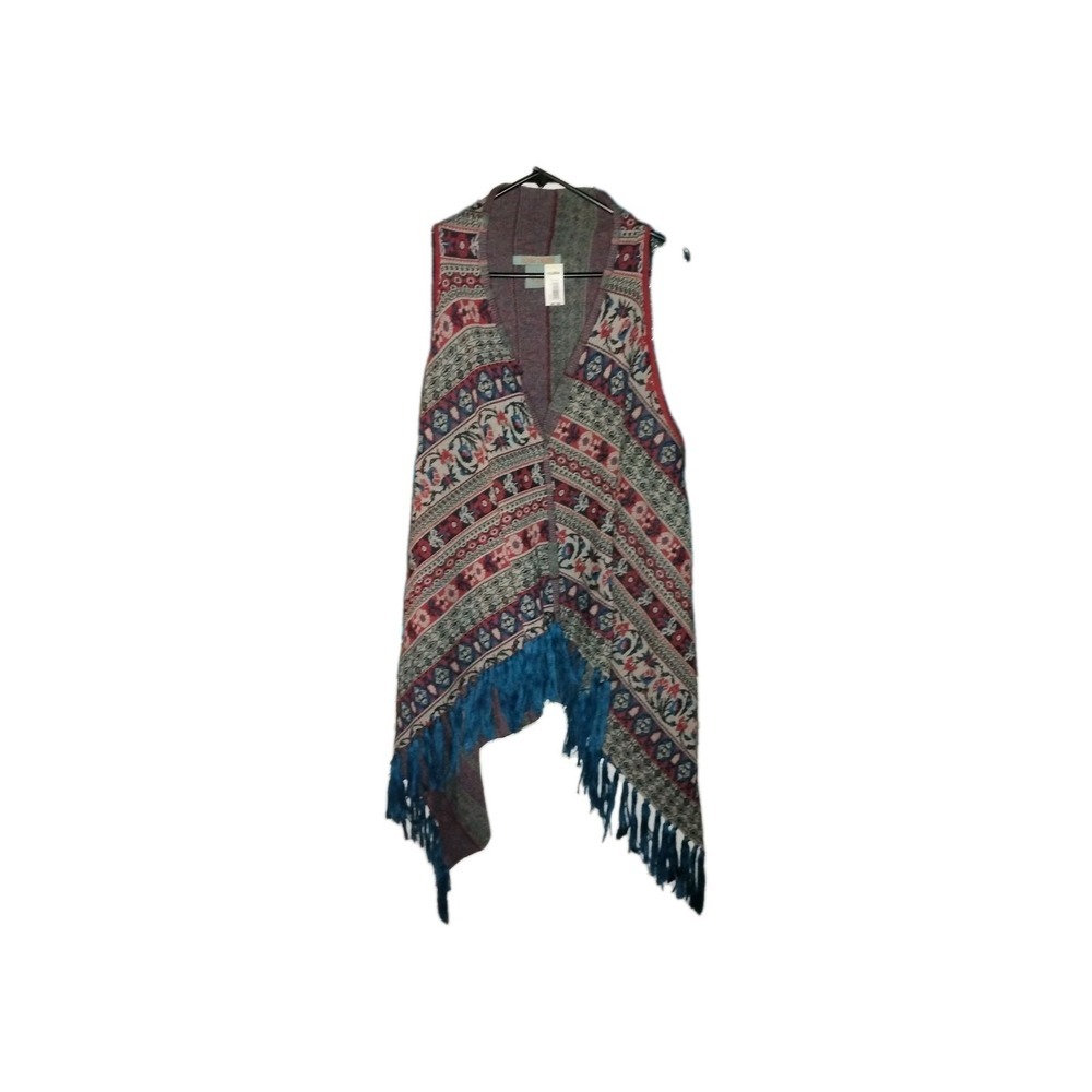 Flying Tomato Womens L Vest Boho Sleeveless Cardigan Floral Fringe Paisley Print